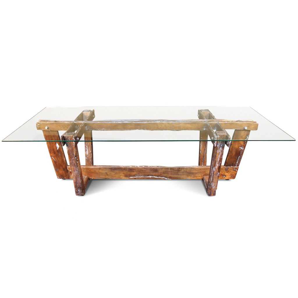 Frams | 100inch Modern Rustic Dining Table, Glass Top Oak Wood Base, SCANDI049