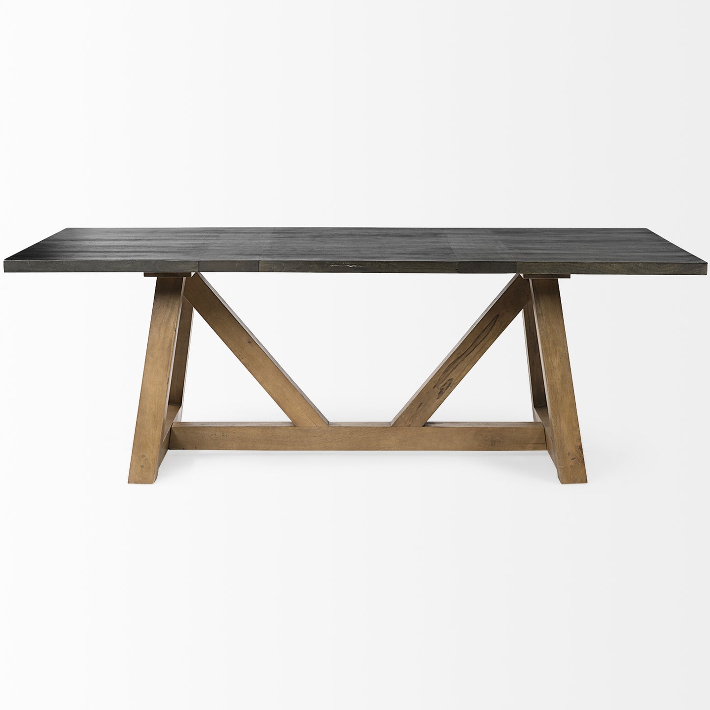Two- Tone Mango Wood Modern Dining Table, Solid Pattern Table, 380471 Brand: Homeroots, Size: 84inW x 42inD x 29.5inH, Weight: 240lb, Shape: Rectangular, Material: Solid Mango Wood, Seating Capacity: Seats 4-6 people, Color: Top: Dark Brown, Base: Brown / Wood Color