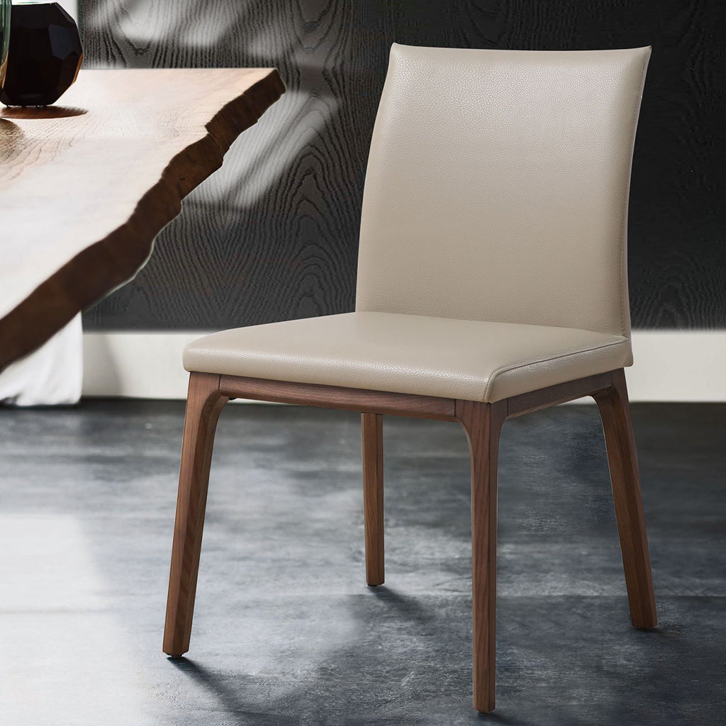 Stella Dining Chair, Set of 2, Taupe, Faux Leather, Solid Walnut Veneer Base, DC1454-WLT/TAU, Brand: Whiteline Modern Living, Size: 20inW x 23inD x 35inH Seat Height:  19in/ 48.25cm, Weight: 17lb, Material: Faux leather & solid walnut wood Color: Taupe, walnut veneer base, Assembly Required: No, Weather Resistant: No