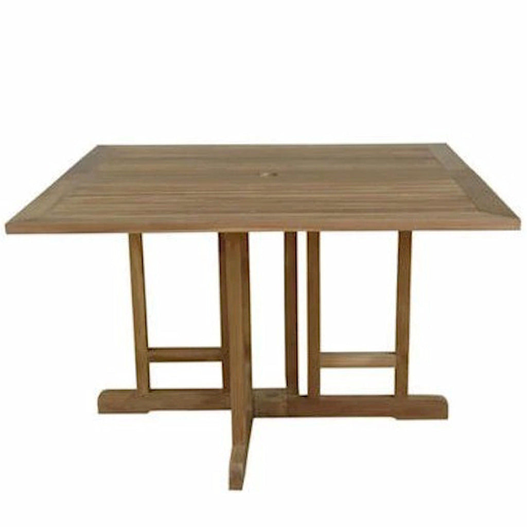 Outdoor 47" Square Folding Butterfly Table, Teak Wood, TBF-4747BS Brand: Anderson Teak Size: 47inW x 47inD x 29inH; Weight: 85lb; Shape: Square; Material: Teak Wood Seating Capacity: Seats 2-4 people; Color: Neutral teak color; light wood
