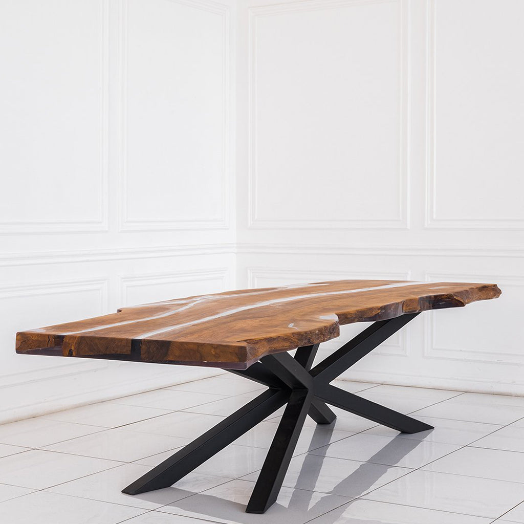 Resto | Live Edge Resin Table for 10, Hornbeam Filled With Polymer Resin, MHM007 Brand: Maxima House Size: 111inW x 42.1inD x 29.5inH, Weight: 471lb, Shape: Rectangular, Live Edge Material: Top: Solid Hornbeam Wood filled with Polymer Resin, Legs: Metal Seating Capacity: Seats 8-10 people, Color: Top: Natural Wood Color, Base: Black