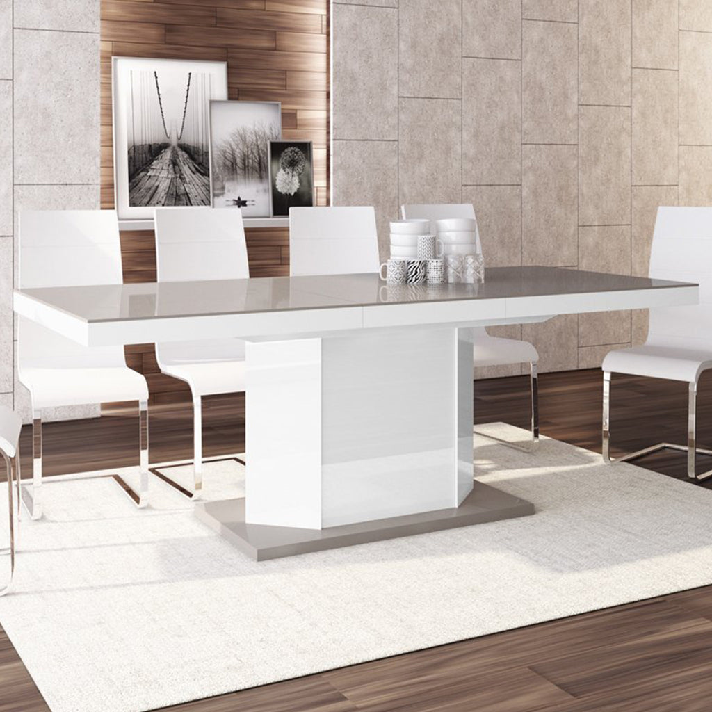 Amigo | Double Extendable Dining Table With Storage, Rectangular, HU0013, Brand: Maxima House Size: 63inW x  35inD x  30inH, Extended: 82- 101inW x  35inD x  30inH, Weight: 174.2lb Shape: Rectangular, Seating Capacity: Seats 8-10 people, Color: Cream & White