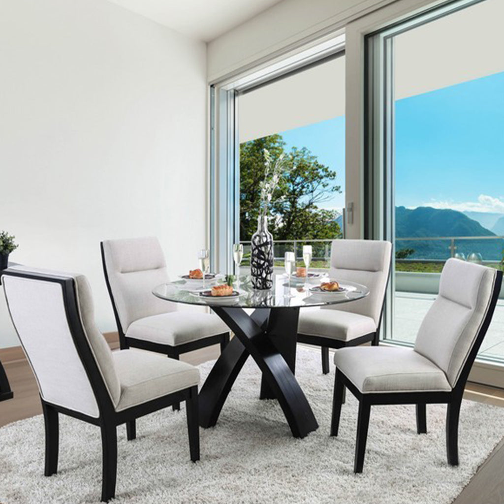 Hazmina | 52 inch Round Glass Dining Table, Wood Base, 4 Seater, IDF-3393RT
