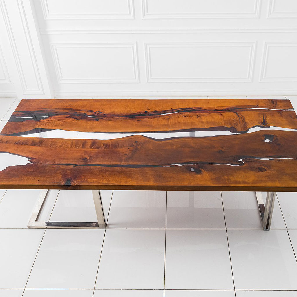 Lesnoy | Polymer Resin Hand Made Dining Table, Rectangular, Pear Tree Wood, Stainless Steel Legs, MHM012, Brand: Maxima House, Size: 116.5inW x 49inD x 29.5inH, Weight: 450lb, Shape: Rectangular, Material: Top: Solid Pear Tree Wood filled with Polymer Resin Legs: Stainless Steel, Seating Capacity: Seats 8-10 people, Color: Natural Wood Color