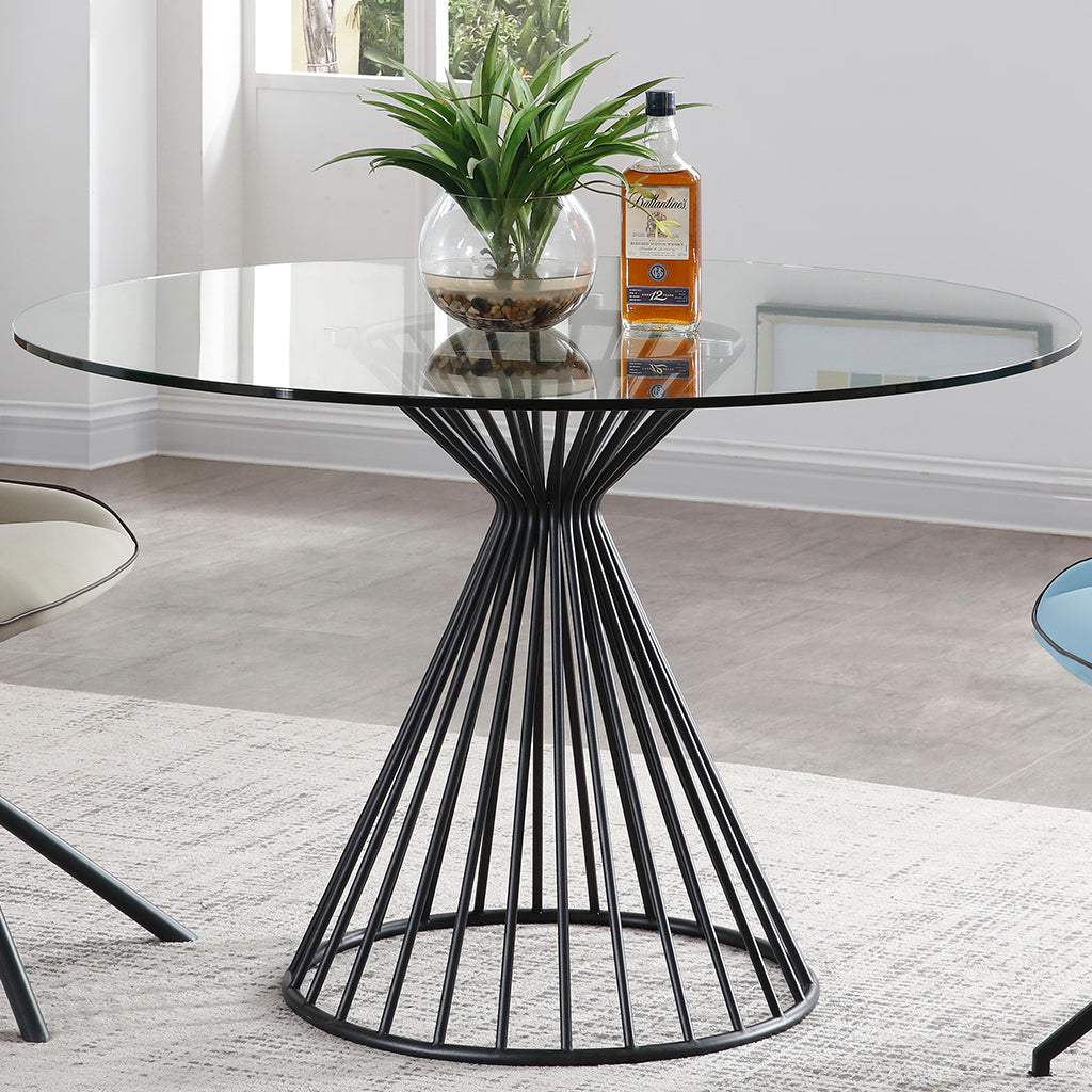 Round Iron Table, Iron Base With 10mm Tempered Glass Top, DT1637R-BLK Brand: Whiteline Modern Living; Size: 47inD x 30inH; Weight: 92lb; Shape: Round Material: Top: 0.4in Tempered Glass; Base: Matte black powder coated Iron Seating Capacity: Seats 2-4 people; Color: Matte black