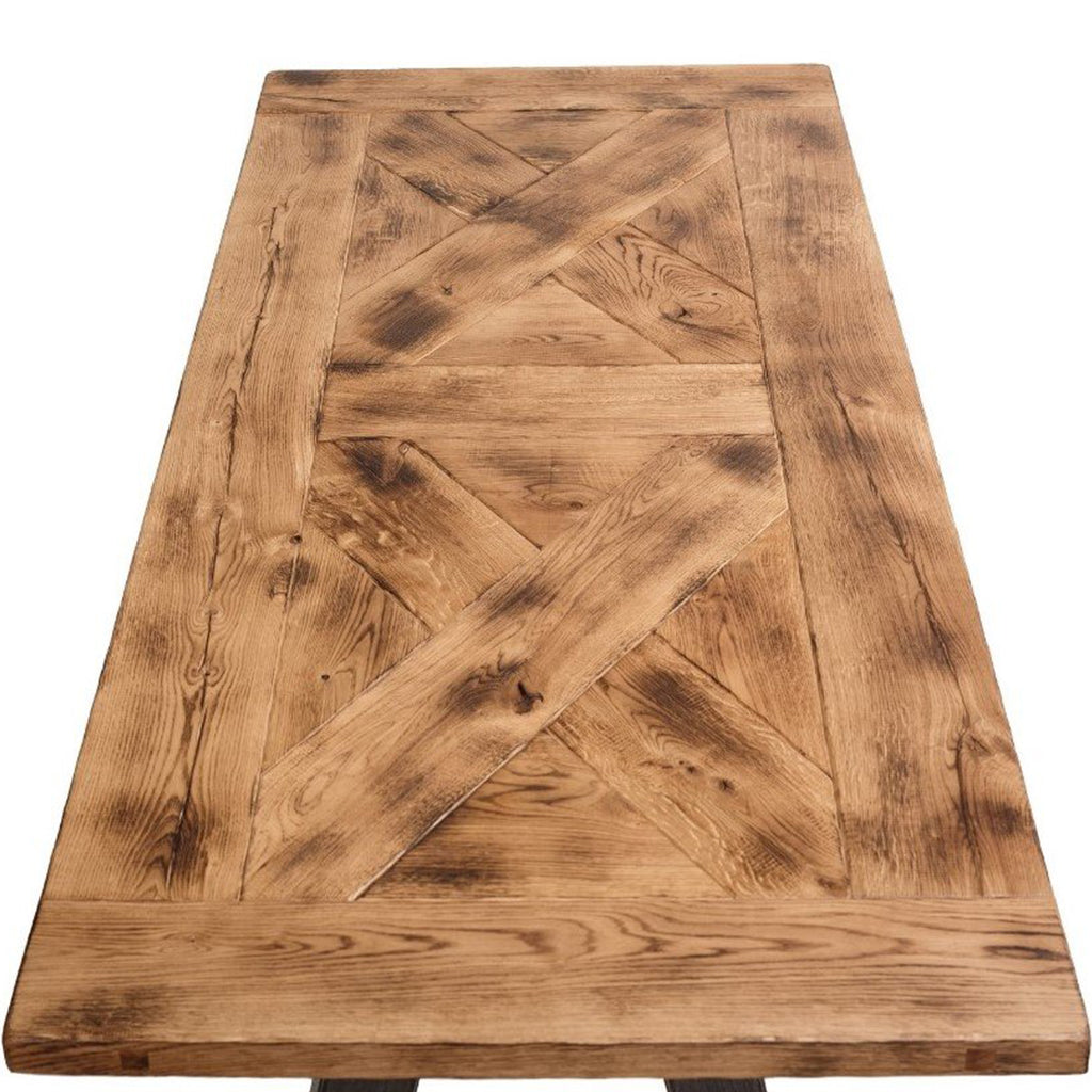 Rita Dining Table | Solid Wooden Planks, Handmade, Metal Base, SCANDI112 Brand: Maxima House, Size: 86.5inW x 39.4inD x 30.5inH, Weight: 331lb, Shape: Rectangular, Material: Top: Solid Oak Wood, Base: Metal, Seating Capacity: Seats 6-8 people, Color: Top: Natural Light Wood, Legs: Black