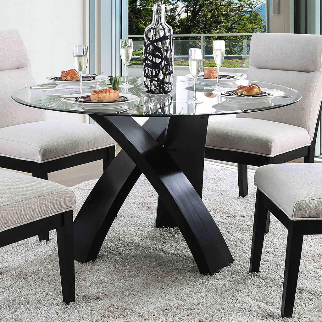 Hazmina | 52 inch Round Glass Dining Table, Wood Base, 4 Seater, IDF-3393RT