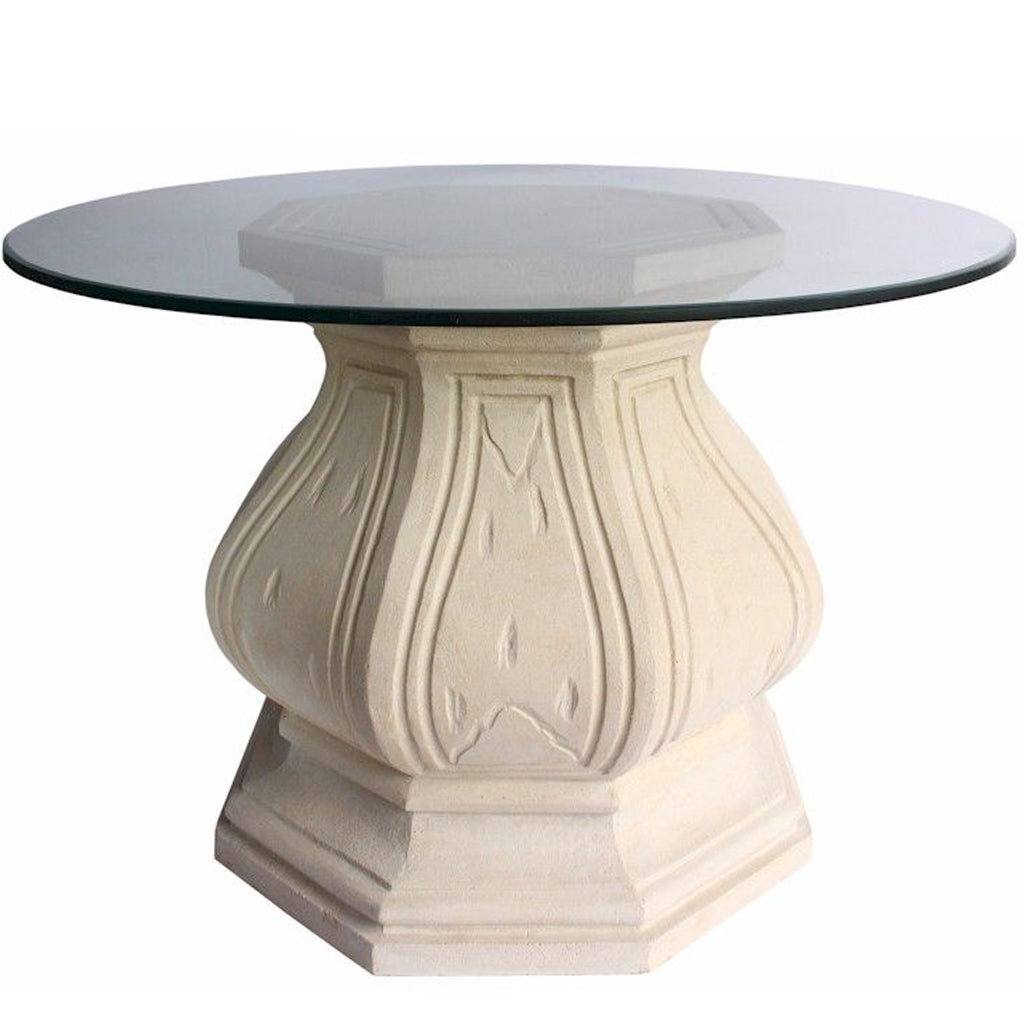 Louis XIV Entry Way Round Table Glass Top Stone Base, TB-O2828-42 Brand: Anderson Teak, Size: 42inW x 42inD x 29inH, 29inW x 29inD (Base), Weight: 130lb, Shape: Round