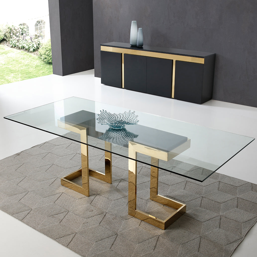 Gold Color Table, Dining, Rectangular, Glass Top, DT1658-BLK Brand: Whiteline Modern Living Size: 87inW x 39inD x 30inH; Weight: 229lb Shape: Rectangular; Material: Top: 1/2" Glass; Base: Gold Stainless Steel; Seating Capacity: Seats 4-6 people; Color: Gold Color Base