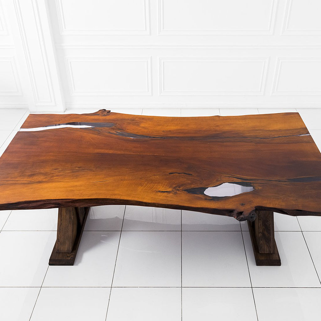 Mars Pear Tree Wood With Polymer Resin Live Edge Trestle Table, MHM010 Brand: Maxima House, Size: 110inW x 55inD x 29.5inH, Weight: 498lb, Shape: Rectangular, Live Edge, Material: Solid Pear Tree Wood filled with Polymer Resin, Seating Capacity: Seats 8-10 people, Color: Natural Wood Color