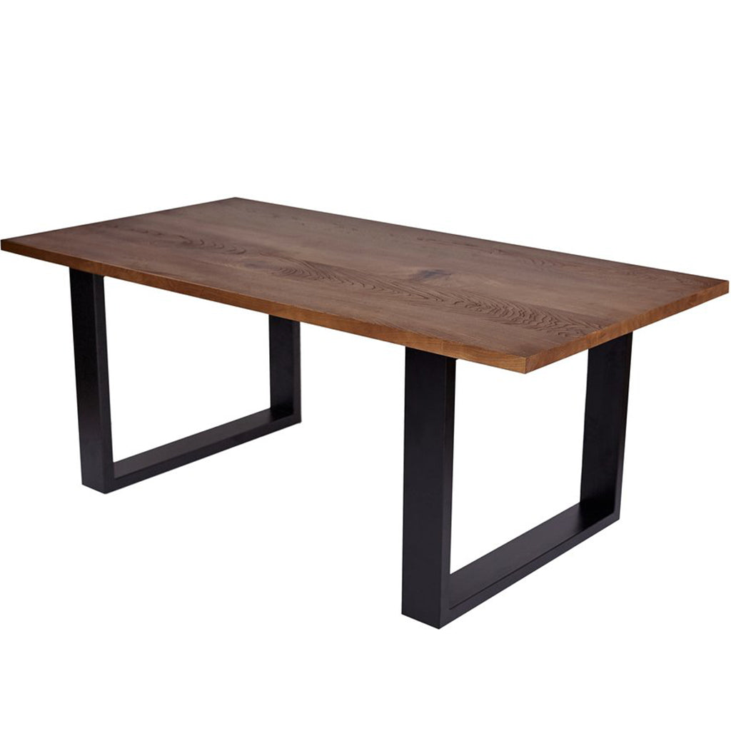 Napoli | Solid Wood Table With U Shape Metal Legs For 8, Rectangular, Solid Oak Wood, MH006 Brand: Maxima House, Size: 74.4inW x 38.9inD x 29.5inH, Weight: 145.4lb Shape: Rectangular, Material: Top: Solid Oak Wood, Legs: Metal Seating Capacity: Seats 6-8 people, Color: Top: Dark Wood Color, Base: Black
