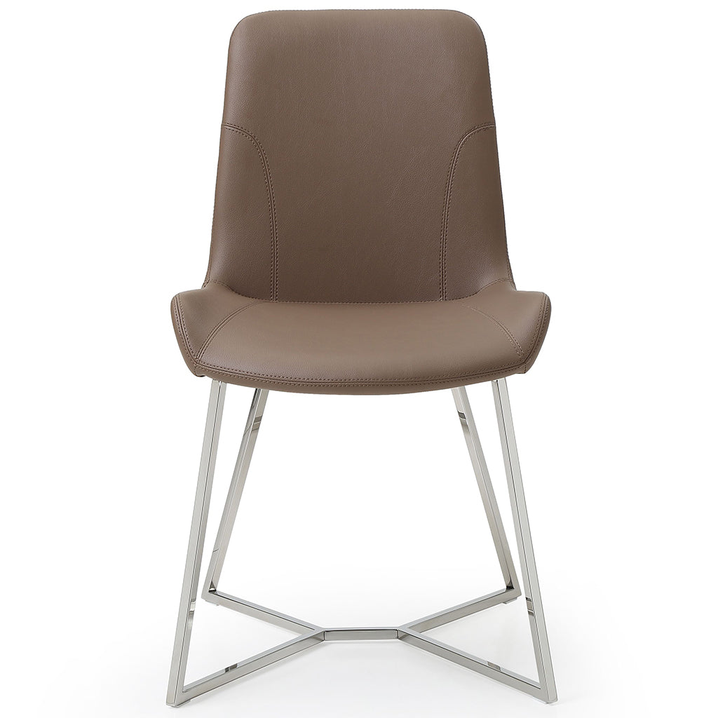 Aileen Dining Chair, Set of 2, Taupe, Faux Leather, Stainless Steel Base, DC1480-TAU Brand: Whiteline Modern Living Size: 24inW x 20inD x 34inH, Seat Height: 18in/ 46cm, Weight: 14lb, Material: Faux leather & polished stainless steel base Color: Taupe, Legs: Grey, Assembly Required: No, Weather Resistant: No