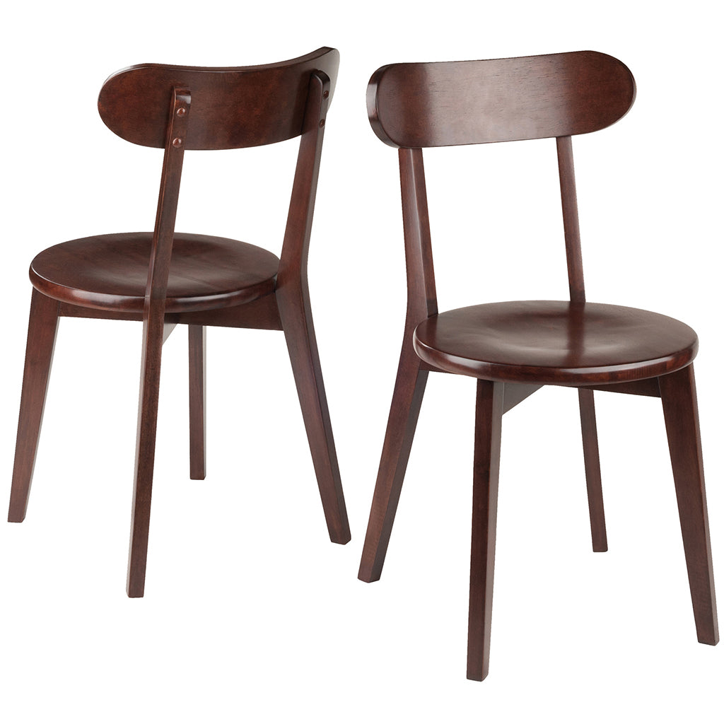 Set of two vintage-style walnut wood dining chairs with flared legs and a rich walnut finish, perfect for dining or game rooms.
