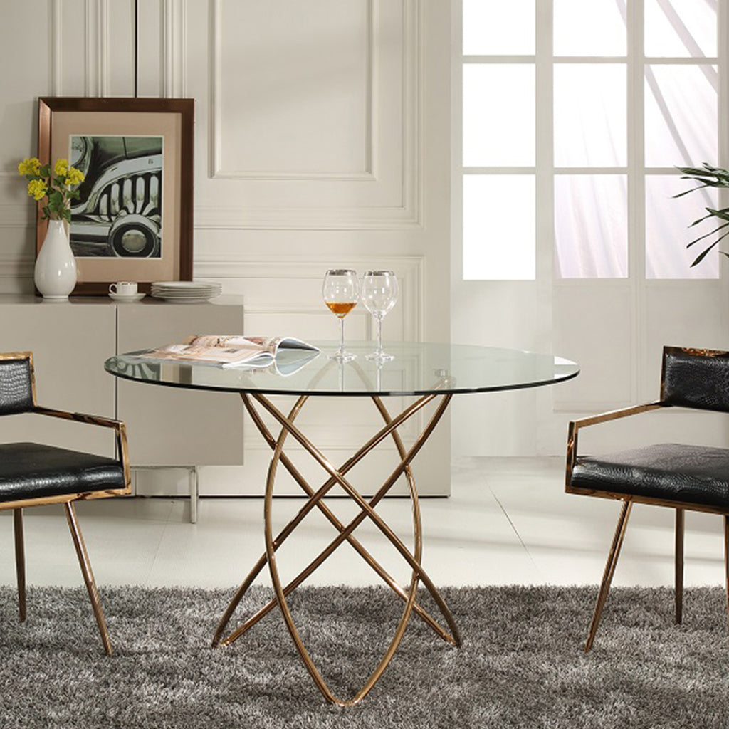 49" Round Glass Table For 4, Golden Base, Space Saving Table, 284388 Brand: Homeroots, Size: 49inW x 49inD x 30inH, Weight: 72.4lb, Shape: Round, Material: Top: Glass Top, Base: Stainless Steel, Seating Capacity: Seats 2-4 people, Color: Golden Color