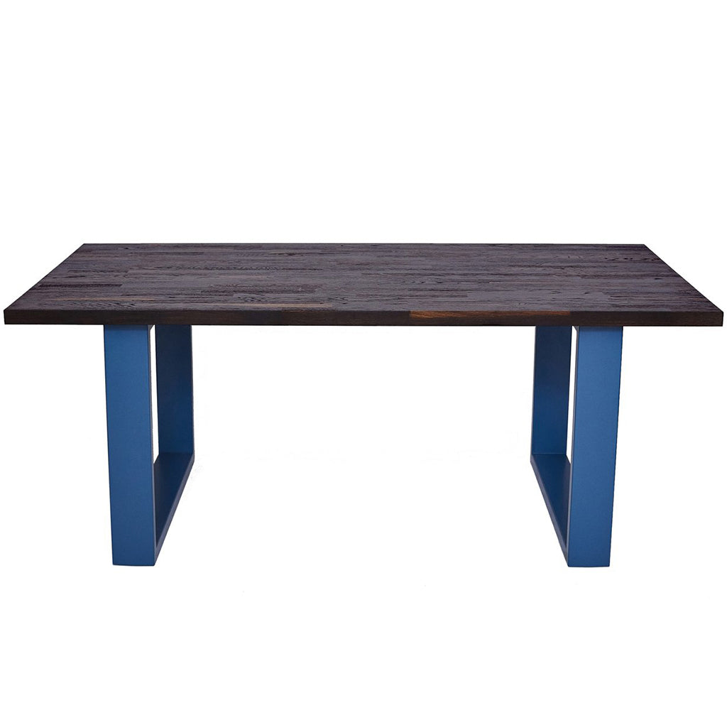 Milan | Table With U Shape Legs, Rectangular, Solid Oak Blue Table, MH004 Brand: Maxima House, Size: 74.4inW x 38.9inD x 29.5inH Weight: 188lb, Shape: Rectangular, Material: Top: Solid Oak Wood Seating Capacity: Seats 4-6 people, Color: Top: Dark Wood, Base: Blue