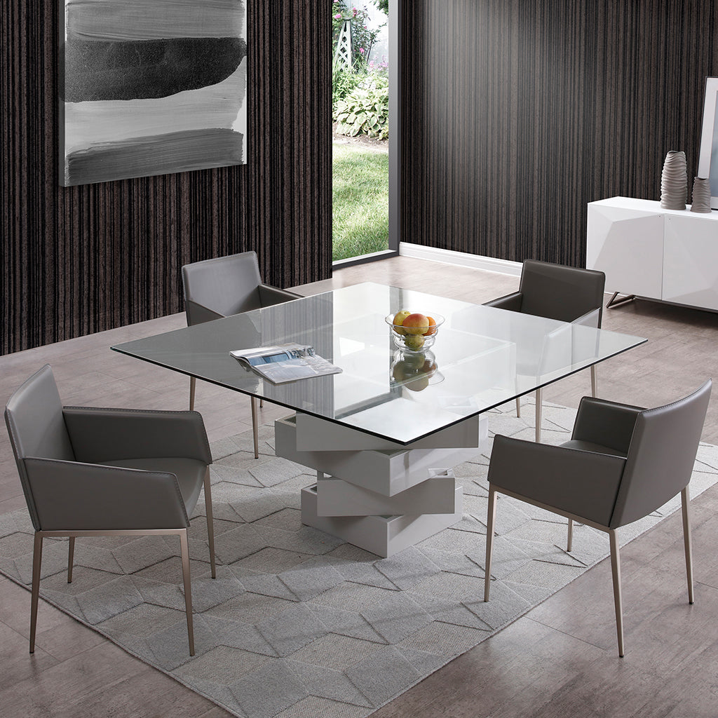 Carson | Glass Square Table, Geometric Base With Mirrors, DT1402-GRY Brand: Whiteline Modern Living Size: 59inW x 59inD x 30inH; Weight: 298lb, Shape: Square, Material: Top: 1/2in Clear Glass; Base: High gloss gray lacquer geometric base with mirrors Seating Capacity: Seats 2-4 people; Color: Gray