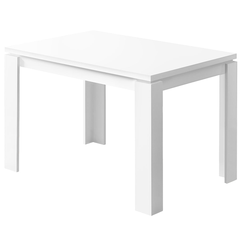 47" White Dining Table For 4, Smooth White Finish, Rectangular, MDF, 4512839526041 Brand: Homeroots, Size: 47.25inW x 31.5inD x 30.5inH, Weight: 44lb, Shape: Rectangular, Material: MDF, Seating Capacity: Seats 2-4, Color: White