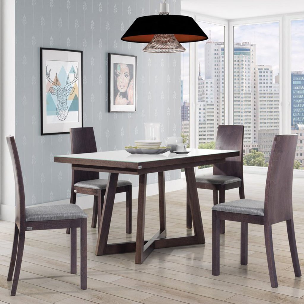 Brish | 6 Person Dining Table, Beech, Rectangular, Solid Extendable, DT0009 Brand: Maxima House Size: 55.1inW x 33inD x 30inH, Extended: 74.8inW x 33inD x 30inH Weight: 105.8lb, Shape: Rectangular Material: Top: Tempered Glass, Base: Beech Wood, Seating Capacity: Seats 4-6 people Color: Top: White , Base: Dark Wood Color