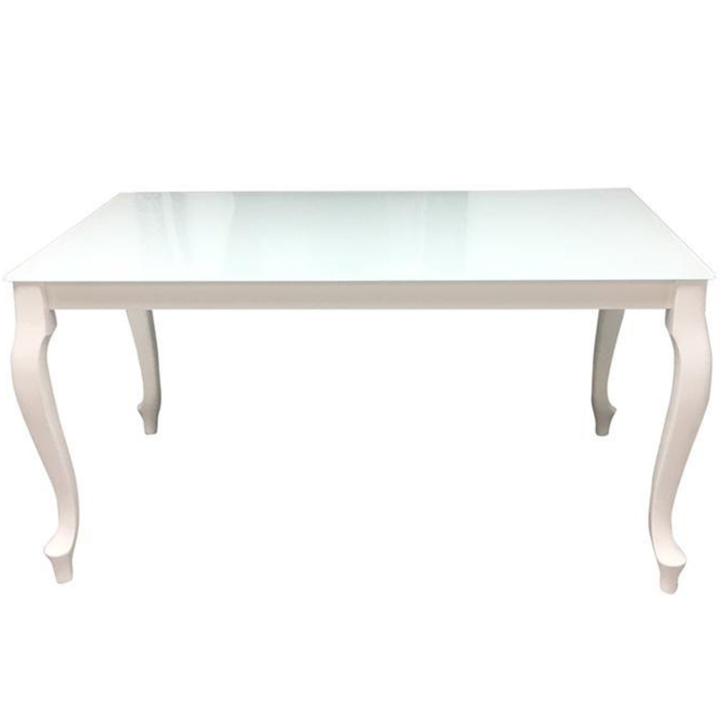 Retro | White 6 Seater Extendable Dining Table, Rectangular, Glass Top, Beech Wood Base, DT0014, Brand: Maxima House Size: 55.1inW x 31.5inD x 30inH, Extended: 74.8inW x 31.5inD x 30inH Weight: 123.5lb, Shape: Rectangular, Material: Top: Glass, Base: Beech Wood, Seating Capacity: Seats 4-6 people, Color: White