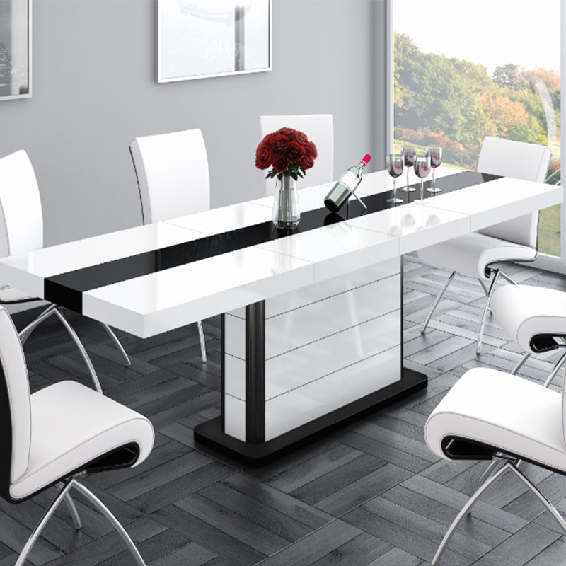 Pianosa 100 inch Double Leaf Extension Dining Table, Rectangular, MDF, HU0007 Brand: Maxima House, Size: 62.9 (82- 102)inW x 35inD x 29.5inH, Weight: 174.2lb, Shape: Rectangular, Material: MDF, Seating Capacity: Seats 8-10 people, Color: Black & White
