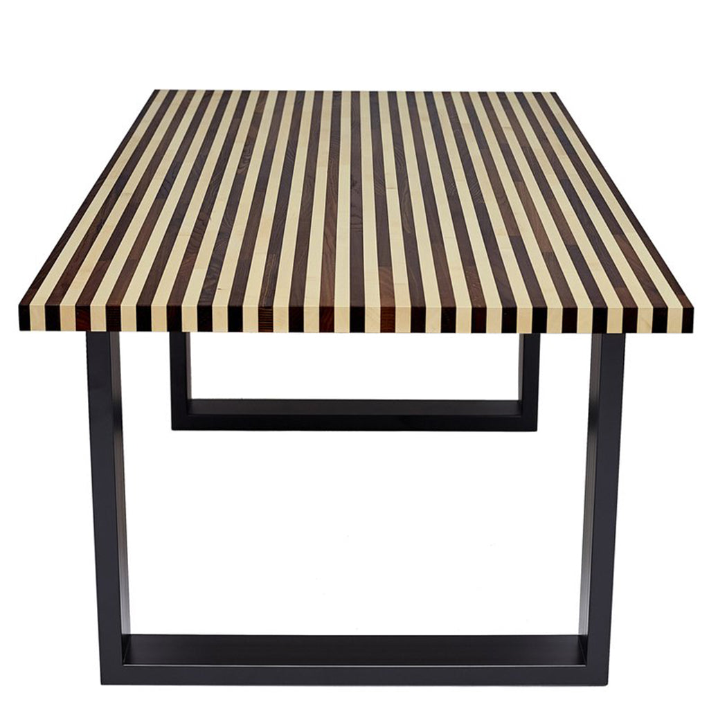 Genoa | Striped Top Dining Table, 8 Seater, Rectangular, Solid Oak Wood, MH005 Brand: Maxima House, Size: 74.4inW x 38.9inD x 29.5inH Weight: 175lb, Shape: Rectangular, Material: Top: Solid Oak Wood Seating Capacity: Seats 6-8 people, Color: Top: Brown & White , Base: Black