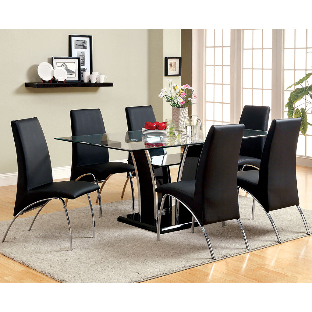 Vaqua | 72 inch Glass Dining Table, Steel & Wood Base, 6 Seater, IDF-8372BK-T