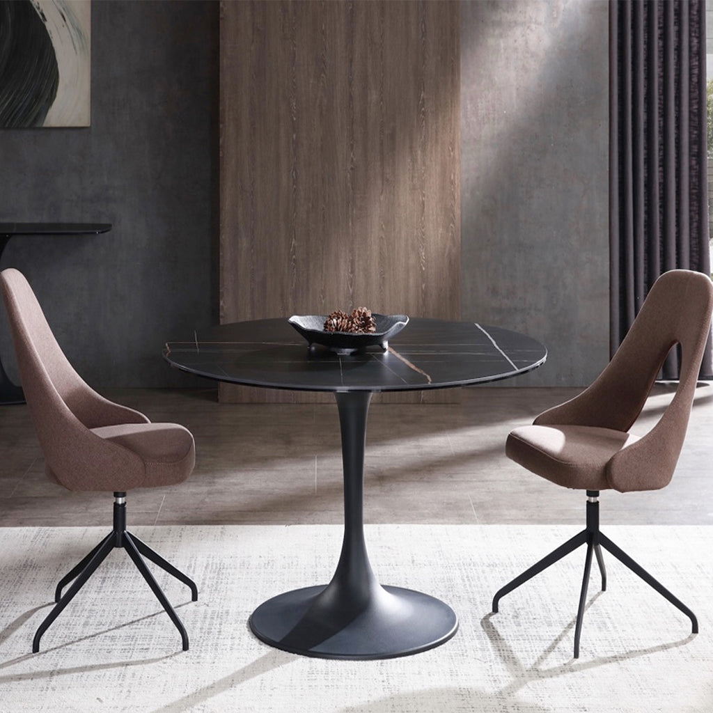 Amarosa | Modern Pedestal Round Dining Table, Pedestal Table Base Coated Metal, Glass & Ceramic Top, Dining Table for 2-4, DT1719-BLK Size: 47inD x 30inH; Weight: 134lb Shape: Round; Material: Top: 0.3in Clear Glass & 0.2in Ceramic Top Base: Black Powder Coated Metal Base; Seating Capacity: Seats 2-4 people; Color: Black
