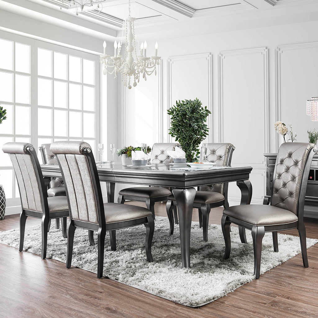 84" Polara | Carved Wood Dining Table, Glass Top, Polished Gray, IDF-3219GY-T