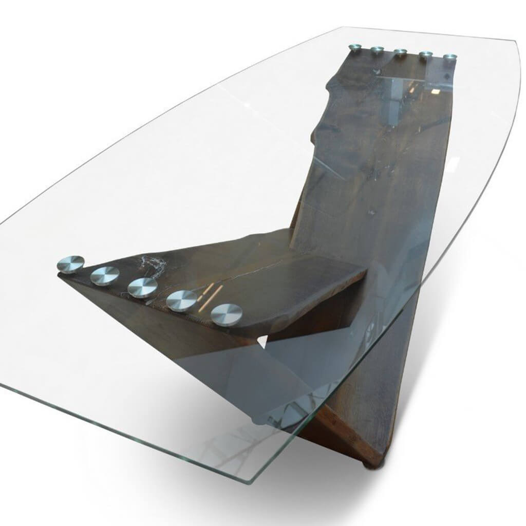 Maxima House Winik dining table featuring a live edge wood base and a sleek tempered glass top