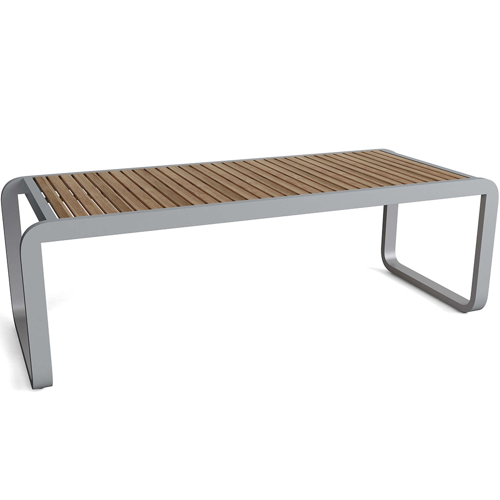 Dining Table, Rectangular, Teak Wood, Aluminum Frame Table, TB-1041DT Brand: Anderson Teak; Size: 91inW x 35.5inD x 30inH Weight: 80lb; Shape: Rectangular; Material: Teak Wood with Aluminum Frames Seating Capacity: Seats 6-8 people; Color: Neutral teak color; light wood