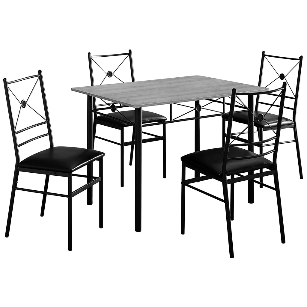 Black and Gray Dining Set, Rectangular Table & 4 Chairs, MDF & Metal Base, 332569 Brand: Homeroots, Table Size: 43inW x 28inD x 30inH, Chair Size: 16.5inW x 17inD x 36inH, Seat Height: 19in, Table Shape: Rectangular, Material: MDF & Metal Base, Faux Leather Seat With Metal Base Chairs , Seating Capacity: Seats 4, Color: Black & Gray