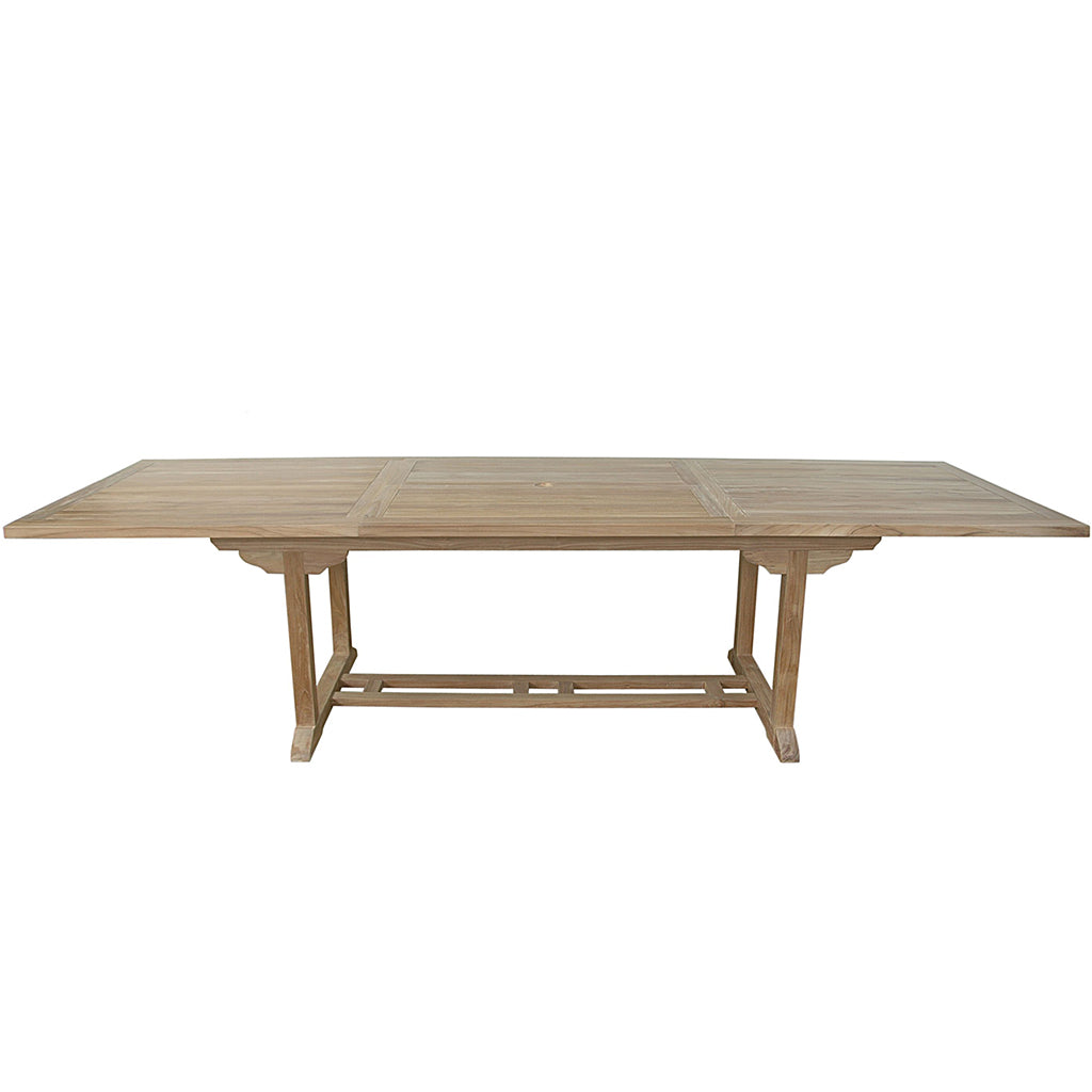 Bahama | 10-Foot Extension Outdoor Table, Rectangular, Teak Wood TBX-010R  Brand: Anderson Teak; Size: 118inW x 39inD x 29inH Weight: 185lb; Shape: Rectangular; Material: Teak Wood Seating Capacity: Seats 8-10 people; Color: Neutral teak color; light wood