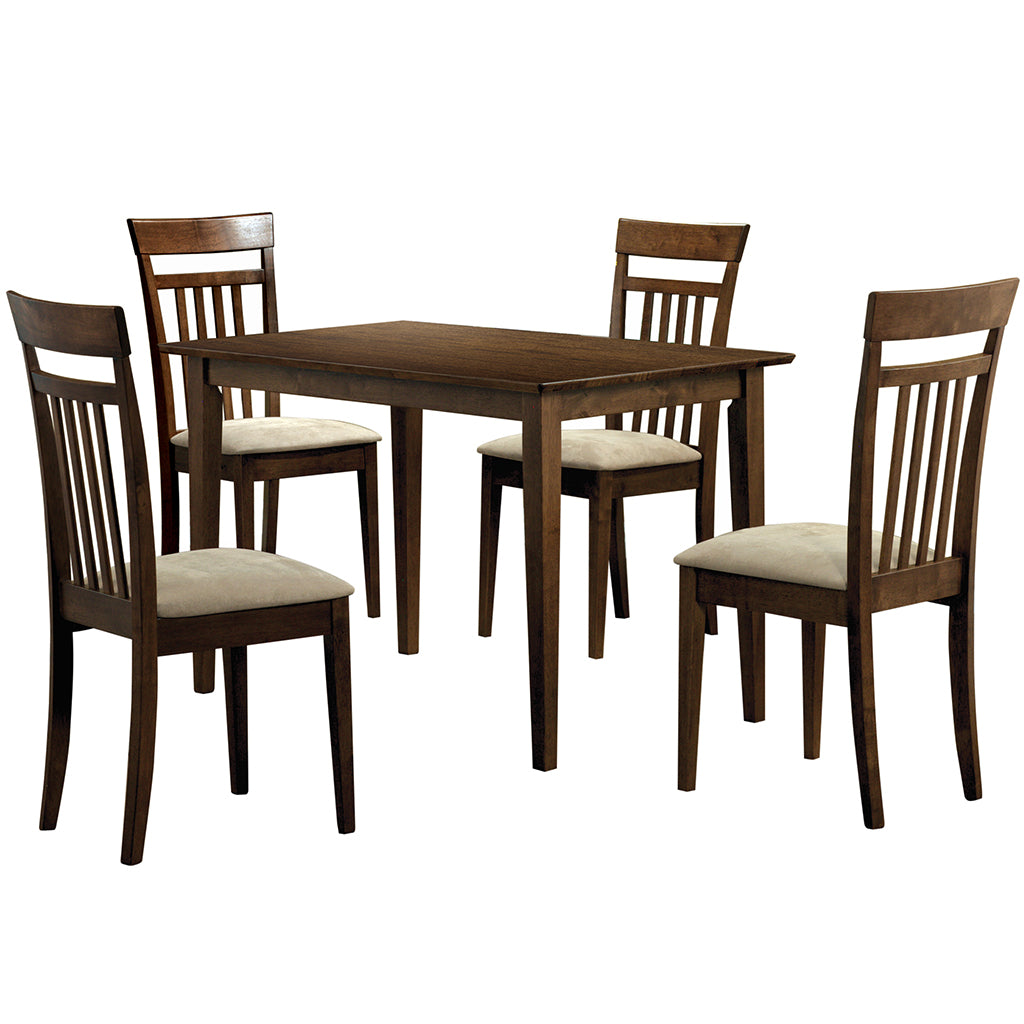 Wooden Dining Table Set For 4, Rectangular, Walnut Wood, 332657 Brand: Homeroots, Table Size: 47.25inW x 29.5inD x 30inH, Chair Size: 17inW x 19.5inD x 38.5inH, Seat Height: 17in, Table Shape: Rectangular, Material: MDF & Solid Walnut Wood, Seating Capacity: Seats 4, Color: Walnut Wood Color