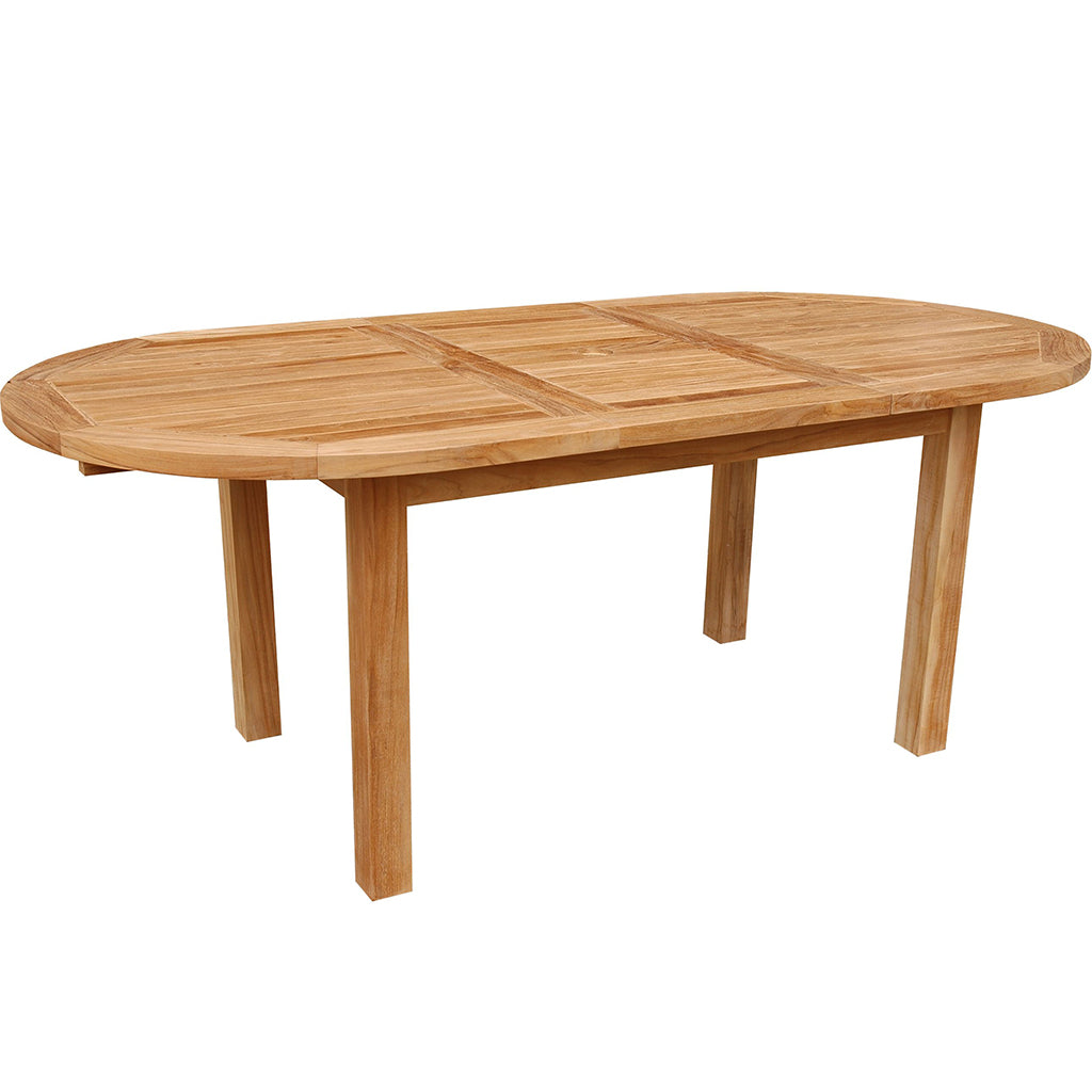 Bahama | 78" Extendable Teak Dining Table For Outdoor Use, Oval, TBX-079V Brand: Anderson Teak; Size: 78inW x 39inD x 29inH Weight: 140lb; Shape: Oval; Material: Teak Wood Seating Capacity: Seats 6-8 people; Color: Neutral teak color; light wood