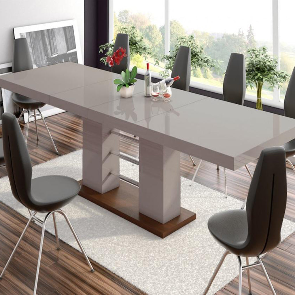 Linosa | Pedestal Dining Table With Double Leaf, Extendable, Rectangular, HU0011 Master Category: Indoor Furniture, Extendable Dining Table Brand: Maxima House Size: 62inW x 35inD x 29.5inH, Extended: 82- 102inW x 35inD x 29.5inH, Weight: 174.2lb Shape: Rectangular, Seating Capacity: Seats 8-10 people, Color: Cappuccino Color