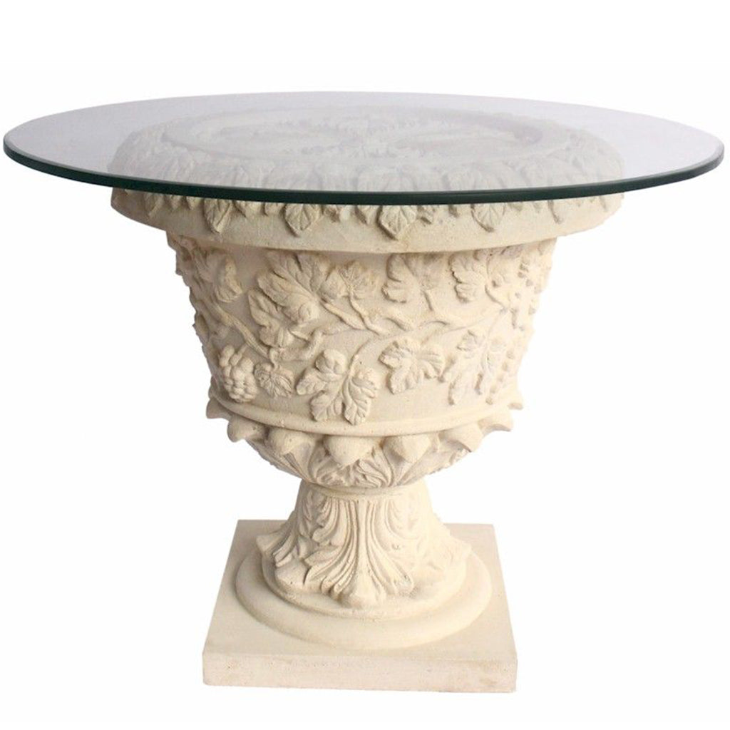 French Table Entrance Round Table, Ornate Base Glass Top, TB-G2626-36 Brand: Anderson Teak, Size: 36inW x 36inD x 26inH, 26inW x 26inD x 26inH (Base), Weight: 145lb, Shape: Round