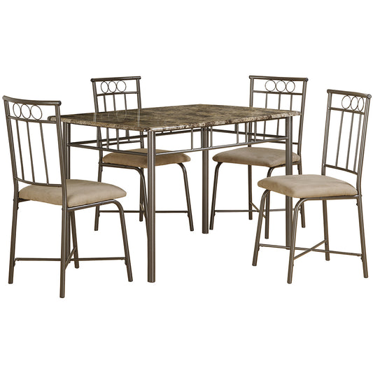 Brand: Homeroots  Table Size: 47.25inW x 29.5inD x 30inH  Chair Size: 13.5inW x 17.5inD x 35.5inH Seat Height: 18in  Table Shape: Rectangular Material: MDF & Metal Base, Microfiber Foam Seat With Metal Base Chairs  Seating Capacity: Seats 4 Color: Multicolor- Golden Color, Beige, Cappuccino