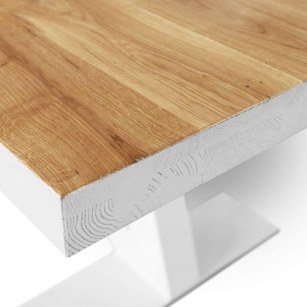 Grog Handmade White Base Farmhouse Style Dining Table For 10, Solid Oak Wood, SCANDI069, Brand: Maxima House, Size: 94.5inW x 39inD x 29.5inH, Weight: 199lb, Shape: Rectangular, Material: Solid Oak Wood, Seating Capacity: Seats 8-10 people, Color: Base: White, Top: Light Wood Color