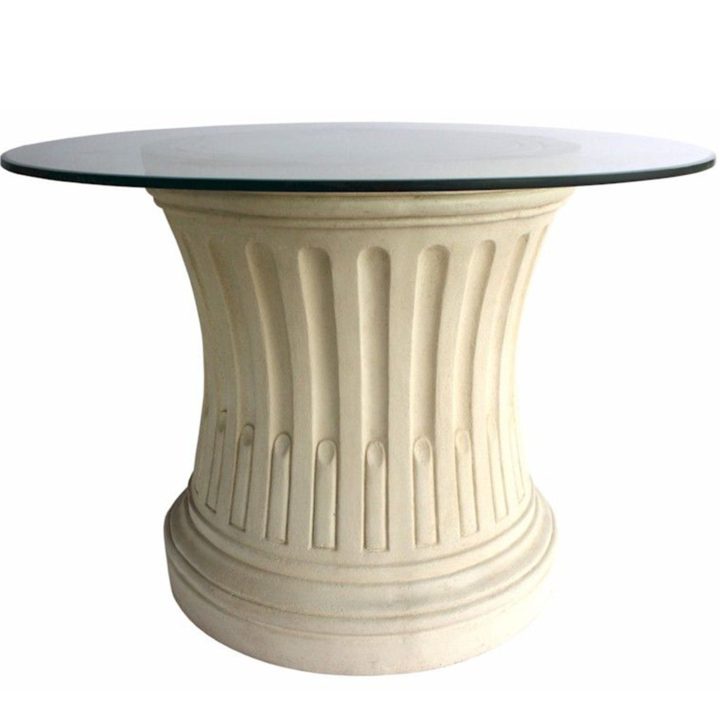 Louis XVI | Fluted Entry Table, Round, Limestone Base, Glass Top, TB-R2829-42 Brand: Anderson Teak Size: 28inW x 28inD x 29inH (Base); 42″W 42″W 0.5″T (Glass Top) Weight: 115lb; Shape: Round Material: Base: Limestone; Top: 3/8" thick glass; Color: White Natural Limestone Color