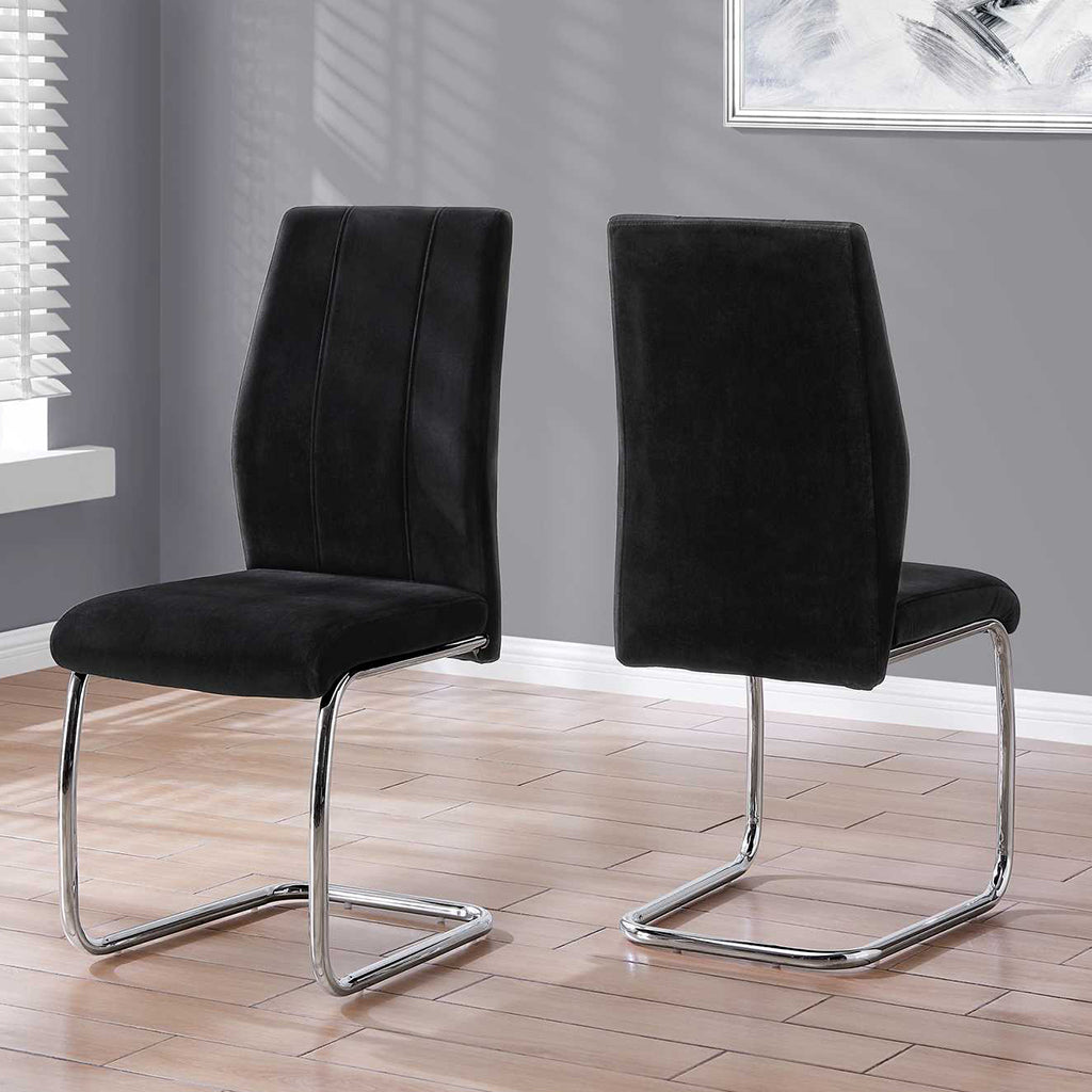 Set of 2 Dining Chairs, Black Velvet, Chrome Frame
