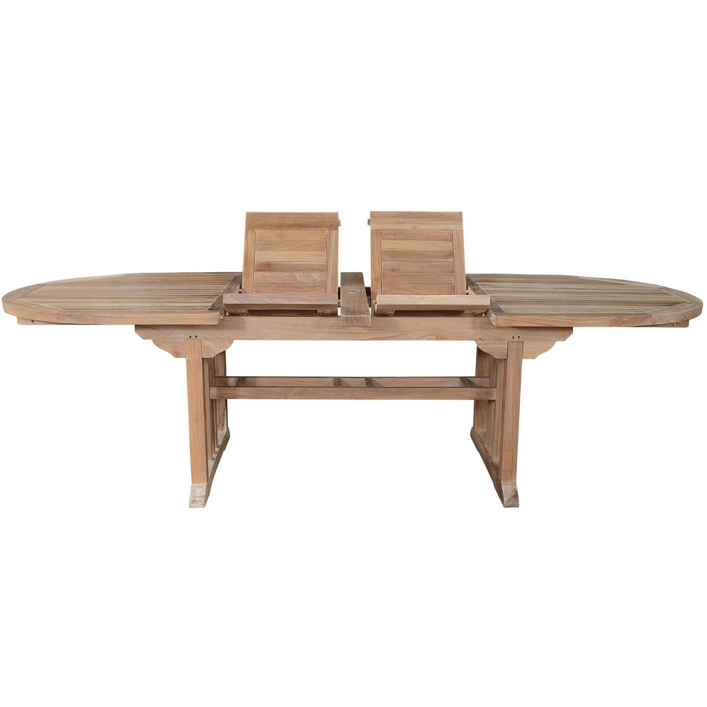 106" Oval Extendable Dining Table, Outdoor Table For 10, TBX-106VD Brand: Anderson Teak Size: 106inW x 43inD x 29inH Weight: 170lb; Shape: Oval; Material: Teak Wood Seating Capacity: Seats 8-10 people; Color: Neutral teak color; light wood