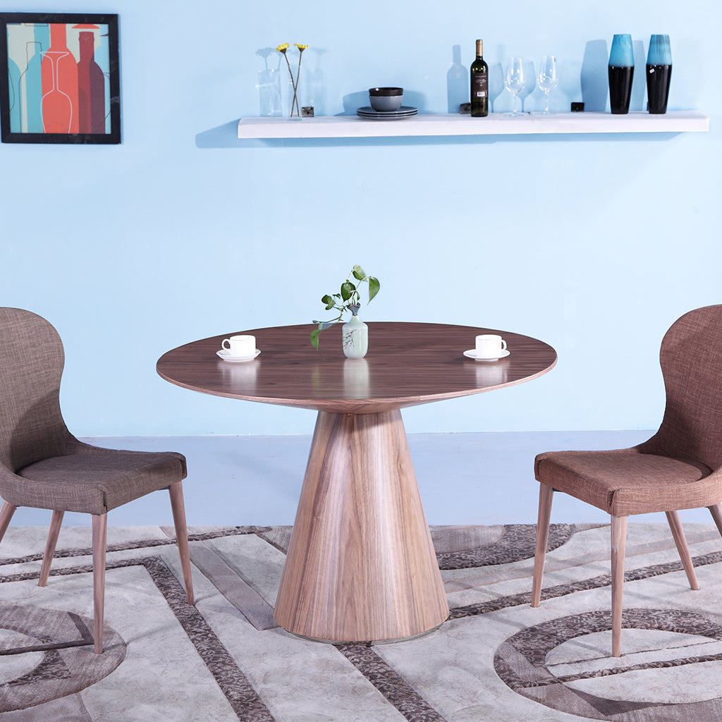 Kira | 47 Inch Table, Round, MDF Table, Walnut Veneer Top And Base Brand: Whiteline Modern Living Size: 47inD x 30inH Weight: 84lb Shape: Round Material: MDF; Walnut Veneer Top & Base; Seating Capacity: Seats 2-4 people; Color: Walnut Veneer, DT1428-WLT