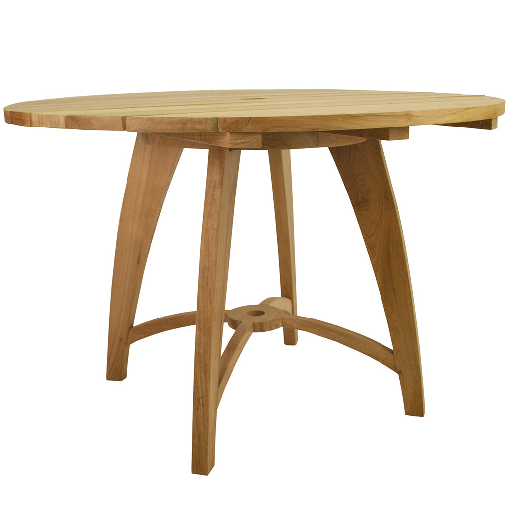 47" Standard Slat Wooden Table, Round, Teak Wood Outdoor, TB-120FN Brand: Anderson Teak Size: 47inW x 47inD x 31inH; Weight: 70lb; Shape: Round; Material: Teak Wood Seating Capacity: Seats 2-4 people ; Color: Neutral teak color; light wood