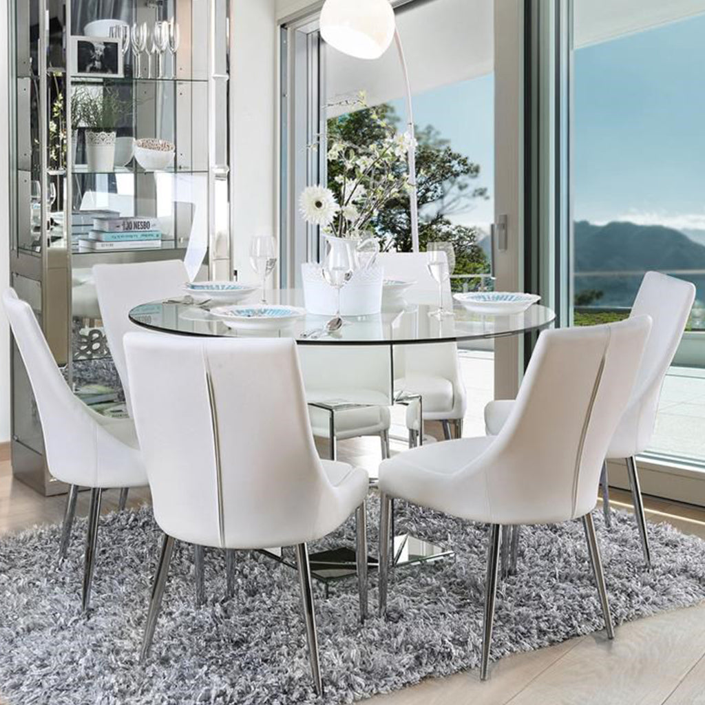 Eisen | 50 inch Round Glass Dining Table, Steel Mirrored Base, 4 Seater, IDF-3384RT