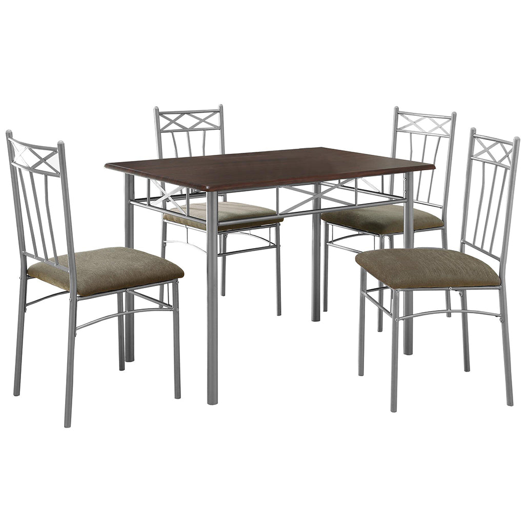 Durable Dining Set, Gray And Brown Color, Trendy & Contemporary, 332568 Brand: Homeroots, Table Size: 43inW x 28inD x 30inH, Chair Size: 14inW x 16.5inD x 36inH, Seat Height: 15.75in, Table Shape: Rectangular, Material: MDF & Metal Base, Linen Cotton Padded Seats With Metal Base Chairs, Seating Capacity: Seats 4, Color: Brown & Silver