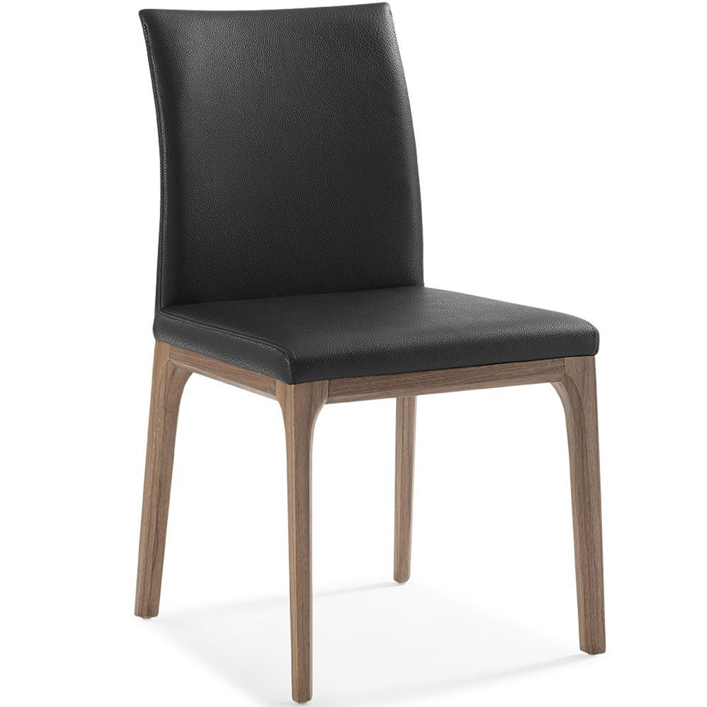 Stella Dining Chair, Set of 2, Black, Faux Leather, Solid Walnut Veneer Base, DC1454-WLT/BLK, Brand: Whiteline Modern Living, Size: 20inW x 23inD x 35inH, Seat Height: 19in/ 48.25cm, Weight: 17lb, Material: Faux leather & solid walnut wood Color: Black, walnut veneer base, Assembly Required: No, Weather Resistant: No