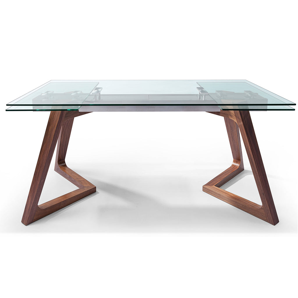 Glass Table For 6, Extendable, Rectangular, Glass Top, Stainless Steel Frame, Wooden Base Brand: Whiteline Modern Living Size: 63inW x 35inD x 30inH Extended: 95inW x 35inD x 30inH, Weight: 231lb, Shape: Rectangular Material: Top: 10mm Tempered Clear Glass, Frame: Stainless Steel, Base: Walnut Wood Seating Capacity: Seats 4-6 people, Color: Dark Wood, DT1276-WLT