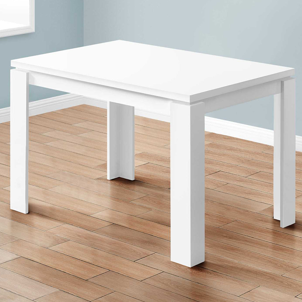 47" White Dining Table For 4, Smooth White Finish, Rectangular, MDF, 4512839526041 Brand: Homeroots, Size: 47.25inW x 31.5inD x 30.5inH, Weight: 44lb, Shape: Rectangular, Material: MDF, Seating Capacity: Seats 2-4, Color: White