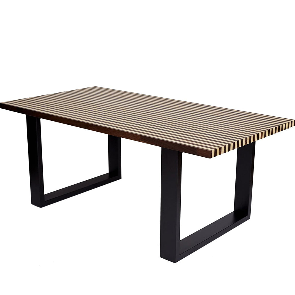 Genoa | Striped Top Dining Table, 8 Seater, Rectangular, Solid Oak Wood, MH005 Brand: Maxima House, Size: 74.4inW x 38.9inD x 29.5inH Weight: 175lb, Shape: Rectangular, Material: Top: Solid Oak Wood Seating Capacity: Seats 6-8 people, Color: Top: Brown & White , Base: Black