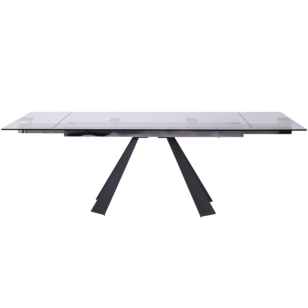 Chicago | Modern Extendable Glass Table For 8, Rectangular, Elegant, Tempered Clear Glass Top, Sanded Black Metal Legs, DT1717-BLK Size: 63inW x 35inD x 30inH; Extended: 95inW x 35inD x 30inH Weight: 211lb; Shape: Rectangular Seating Capacity: Seats 6-8 people; Color: Sanded Black Color